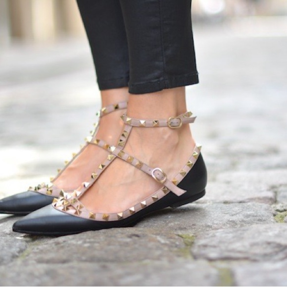 Valentino Garavani Black and Tan Studded Flats (AUTHENTIC)